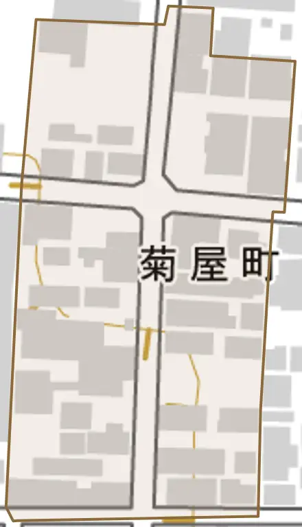 菊屋町とその周辺の地図。町の範囲を重ねている