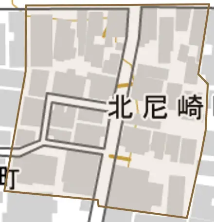 北尼崎町とその周辺の地図。町の範囲を重ねている