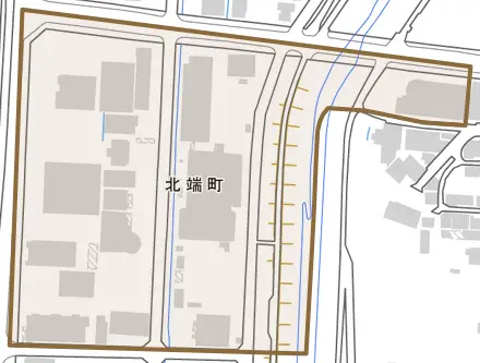 北端町とその周辺の地図。町の範囲を重ねている