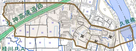 久我本町とその周辺の地図。町の範囲を重ねている