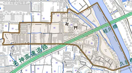 久我石原町とその周辺の地図。町の範囲を重ねている