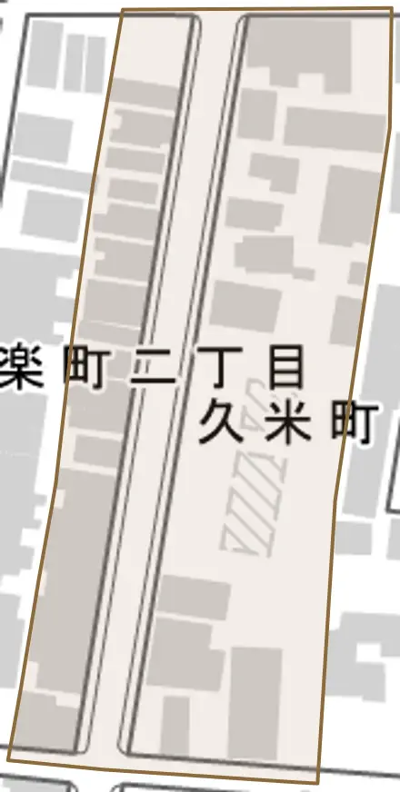 久米町とその周辺の地図。町の範囲を重ねている