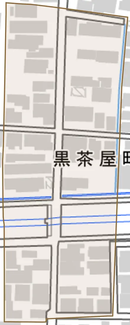 黒茶屋町とその周辺の地図。町の範囲を重ねている