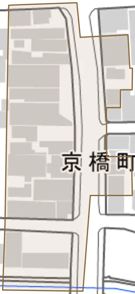 京橋町とその周辺の地図。町の範囲を重ねている