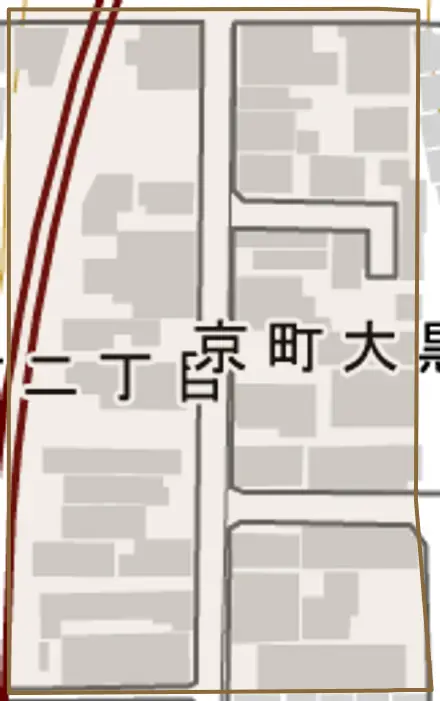 京町大黒町とその周辺の地図。町の範囲を重ねている