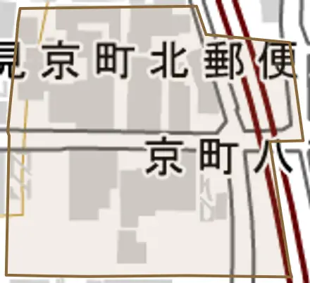 京町八丁目横町とその周辺の地図。町の範囲を重ねている