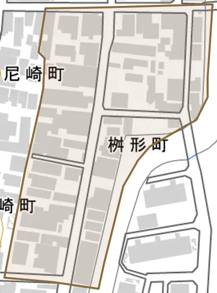 桝形町とその周辺の地図。町の範囲を重ねている