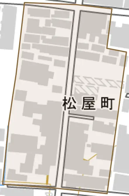 松屋町とその周辺の地図。町の範囲を重ねている