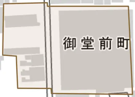 御堂前町とその周辺の地図。町の範囲を重ねている
