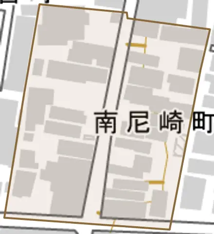 南尼崎町とその周辺の地図。町の範囲を重ねている