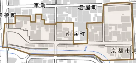 南浜町とその周辺の地図。町の範囲を重ねている