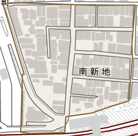 南新地とその周辺の地図。町の範囲を重ねている