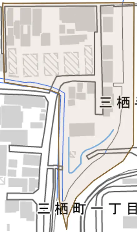 三栖半町とその周辺の地図。町の範囲を重ねている