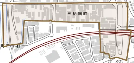 三栖向町とその周辺の地図。町の範囲を重ねている