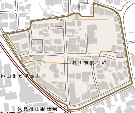 桃山筑前台町とその周辺の地図。町の範囲を重ねている
