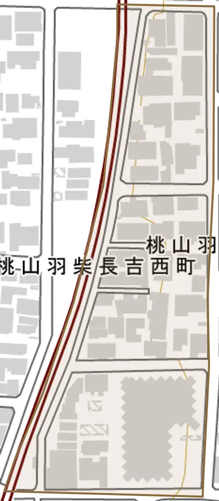 桃山羽柴長吉中町とその周辺の地図。町の範囲を重ねている
