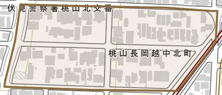 桃山長岡越中北町とその周辺の地図。町の範囲を重ねている