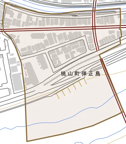 桃山町弾正島とその周辺の地図。町の範囲を重ねている