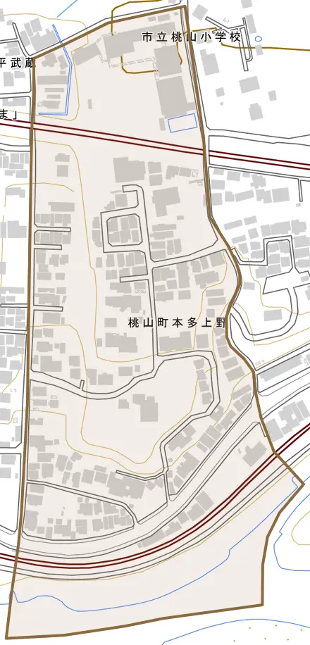 桃山町本多上野とその周辺の地図。町の範囲を重ねている