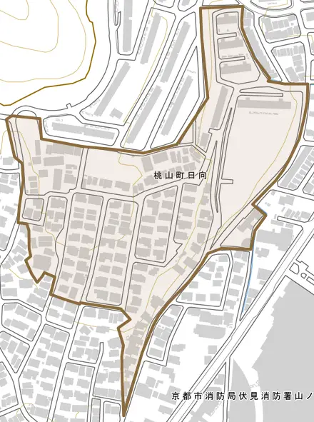 桃山町日向とその周辺の地図。町の範囲を重ねている