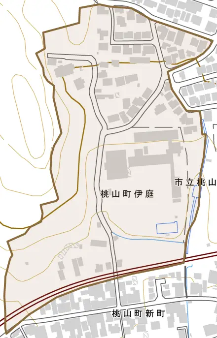 桃山町伊庭とその周辺の地図。町の範囲を重ねている