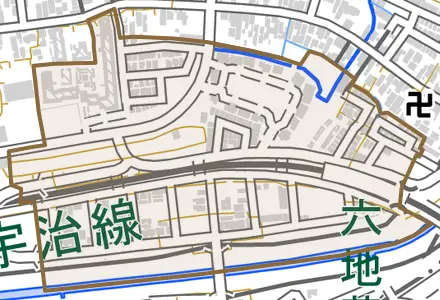 桃山町因幡とその周辺の地図。町の範囲を重ねている