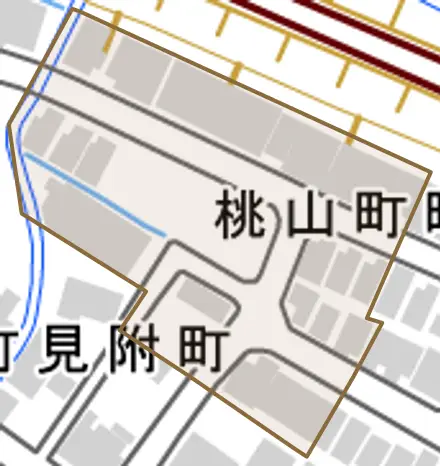 桃山町町並とその周辺の地図。町の範囲を重ねている