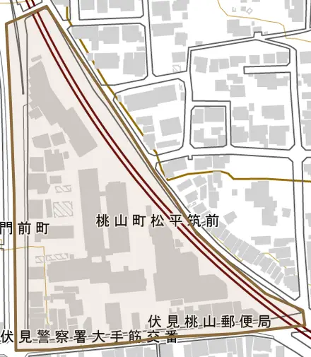 桃山町松平筑前とその周辺の地図。町の範囲を重ねている