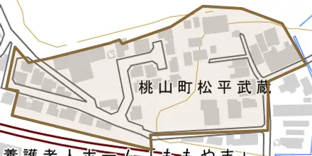 桃山町松平武蔵とその周辺の地図。町の範囲を重ねている