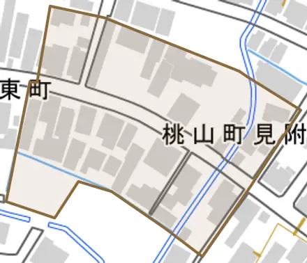 桃山町見附町とその周辺の地図。町の範囲を重ねている