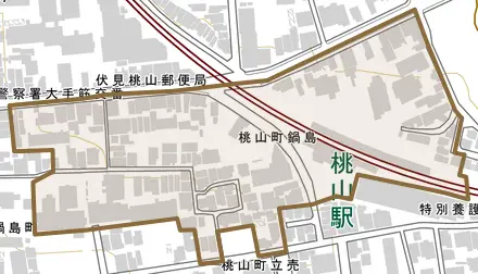 桃山町鍋島とその周辺の地図。町の範囲を重ねている