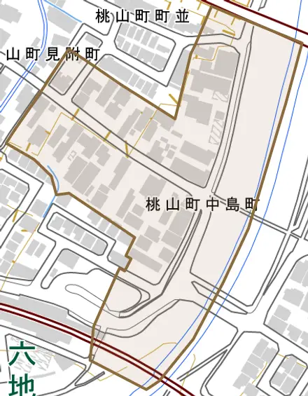 桃山町中島町とその周辺の地図。町の範囲を重ねている