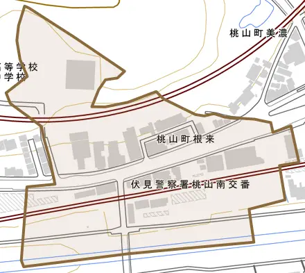 桃山町根来とその周辺の地図。町の範囲を重ねている