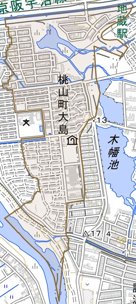 桃山町大島とその周辺の地図。町の範囲を重ねている