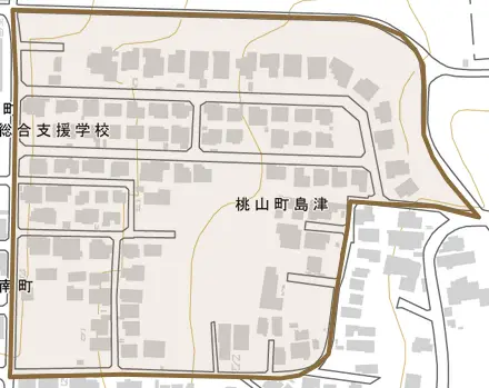 桃山町島津とその周辺の地図。町の範囲を重ねている