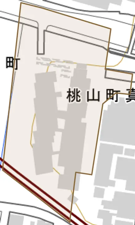 桃山町真斉とその周辺の地図。町の範囲を重ねている