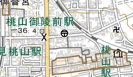桃山町立売とその周辺の地図。町の範囲を重ねている