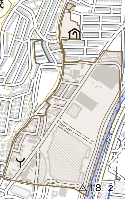 桃山町山ノ下とその周辺の地図。町の範囲を重ねている