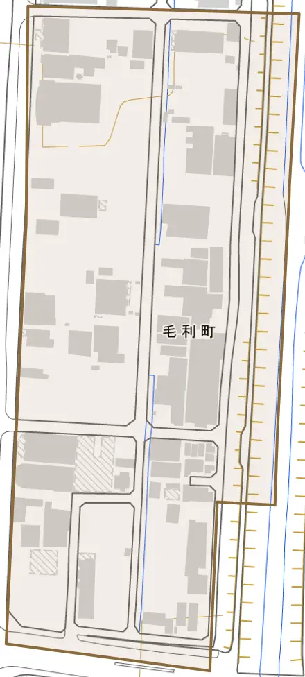 毛利町とその周辺の地図。町の範囲を重ねている