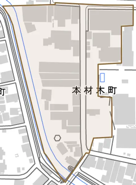 本材木町とその周辺の地図。町の範囲を重ねている
