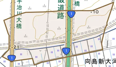 向島大黒とその周辺の地図。町の範囲を重ねている