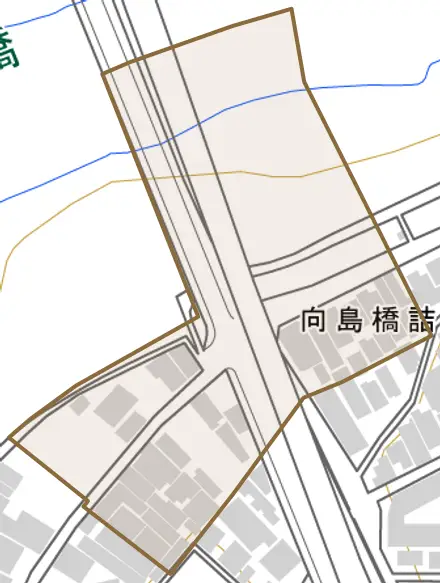 向島橋詰町とその周辺の地図。町の範囲を重ねている