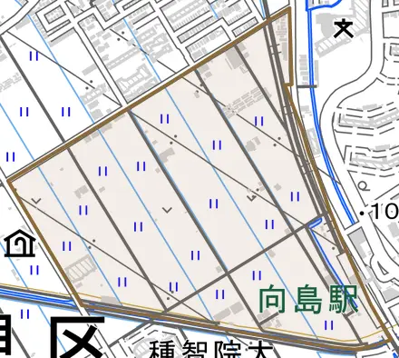 向島東定請とその周辺の地図。町の範囲を重ねている