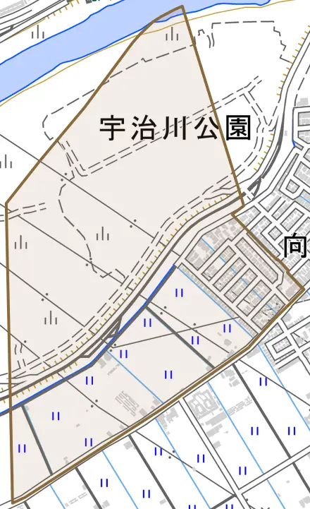 向島上林町とその周辺の地図。町の範囲を重ねている