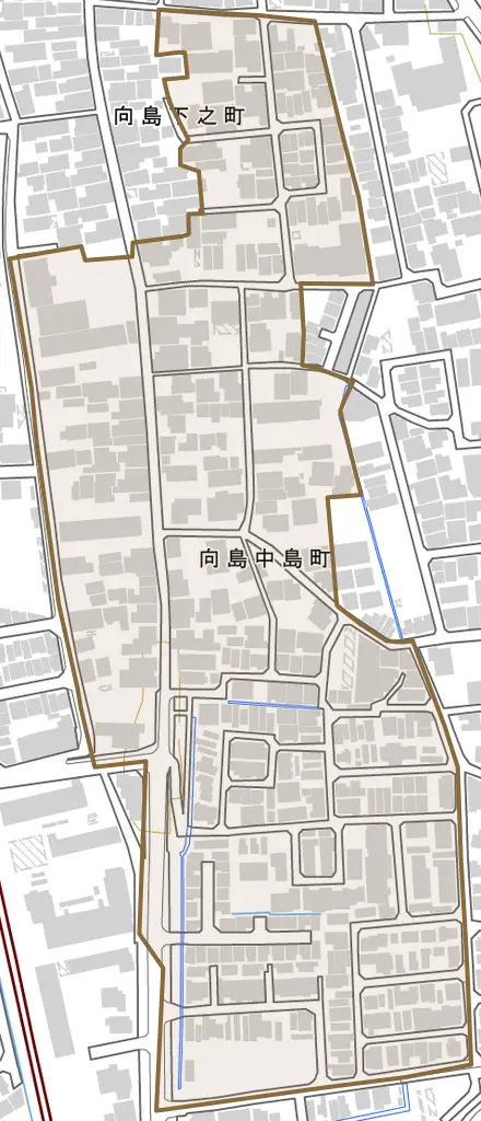 向島中島町とその周辺の地図。町の範囲を重ねている