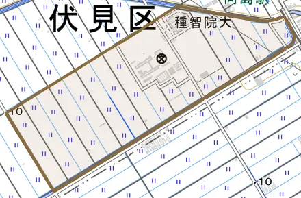 向島西定請とその周辺の地図。町の範囲を重ねている