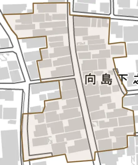 向島下之町とその周辺の地図。町の範囲を重ねている