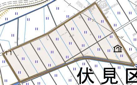 向島新上林とその周辺の地図。町の範囲を重ねている