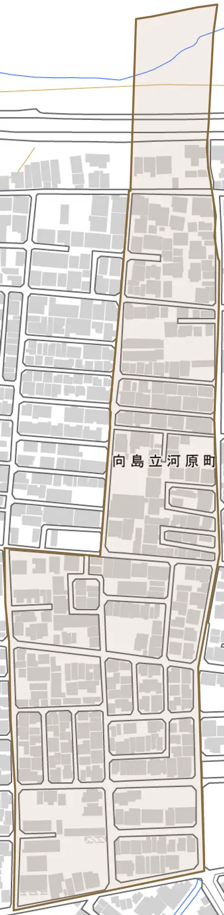 向島立河原町とその周辺の地図。町の範囲を重ねている