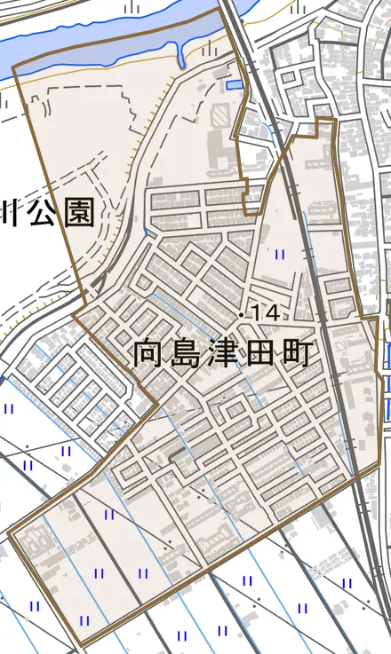 向島津田町とその周辺の地図。町の範囲を重ねている